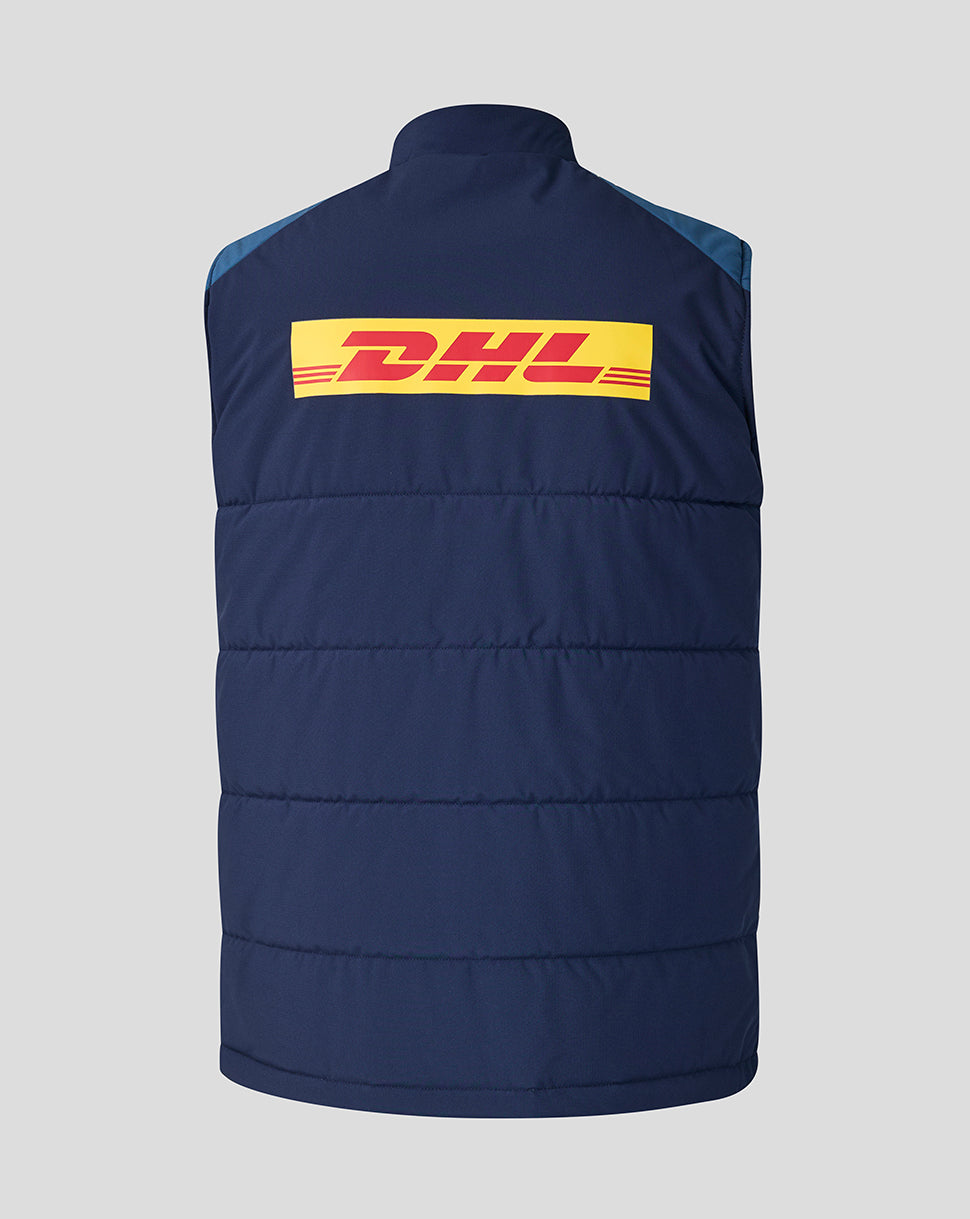 Navy blue puffer vest with DHL logo on a gray background