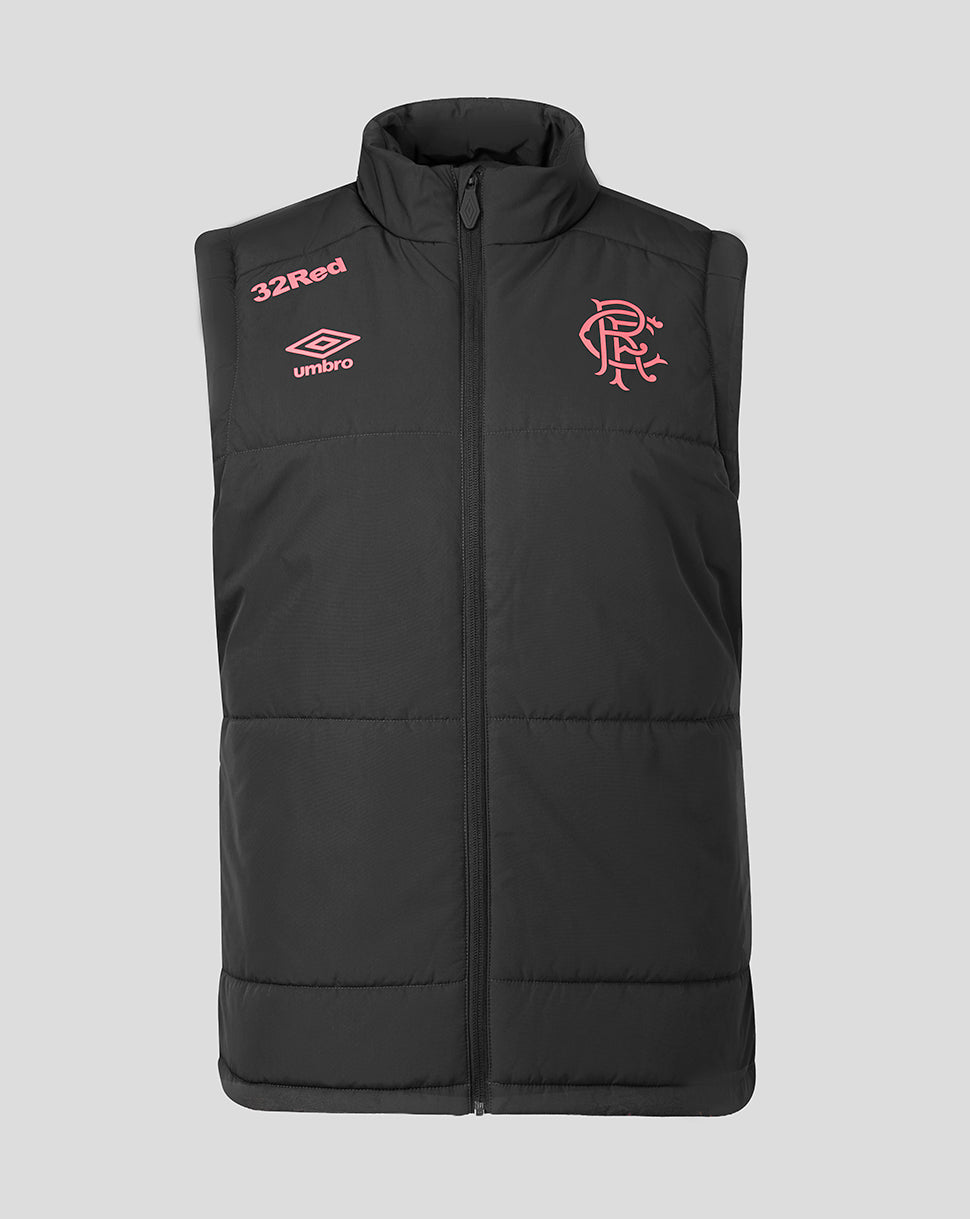 Black puffer vest with pink branding on a light gray background