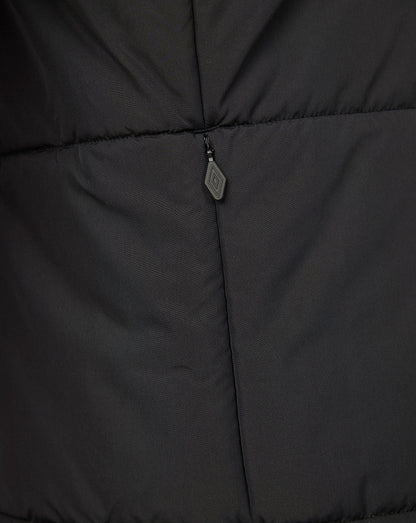 Close-up of a black puffer jacket with a zipper detail.