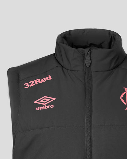 Black gilet with pink branding on a light gray background