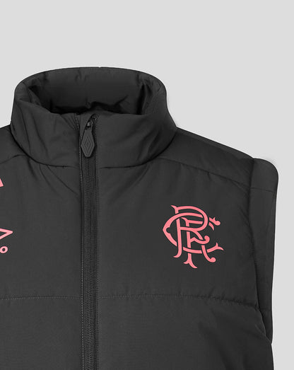 Black puffer vest with pink logo on a light gray background