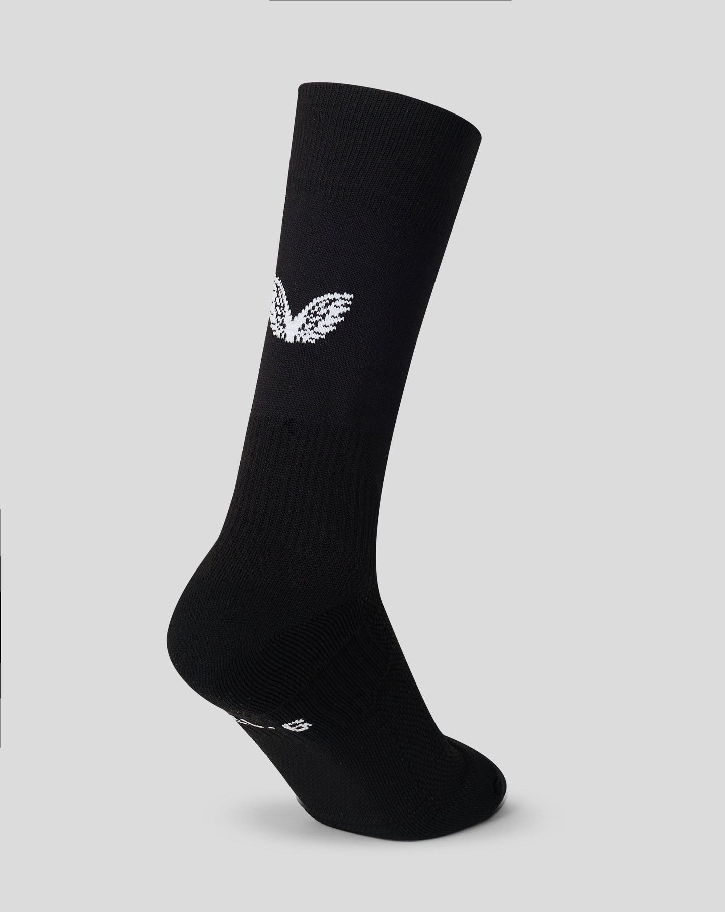 Black sock with a white logo on a light gray background