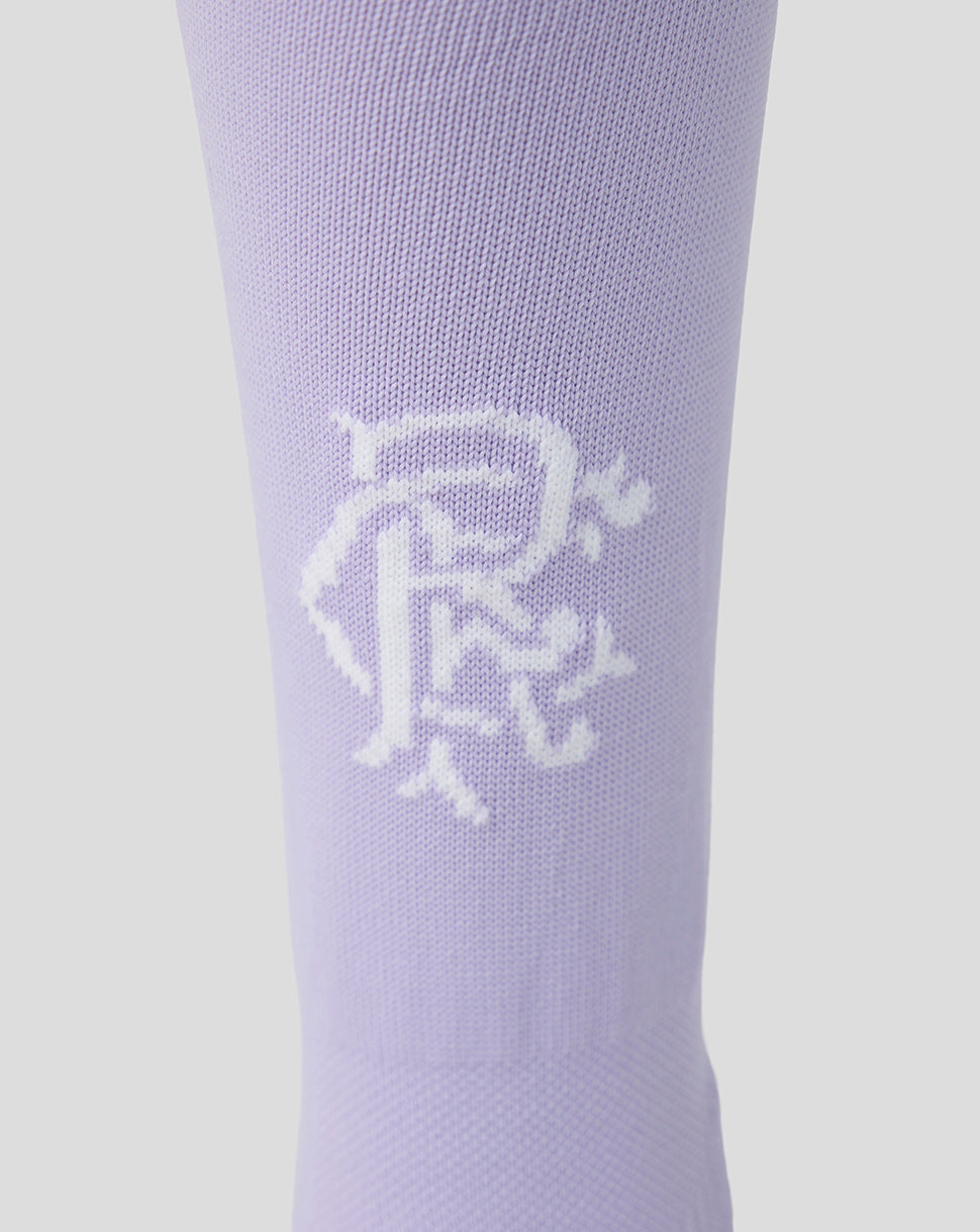 Lavender Rangers goalkeeper sock with white crest logo and gray reinforced toe and heel