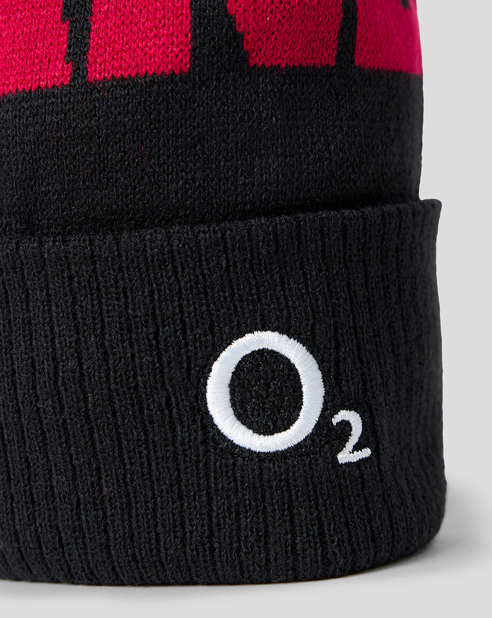 Black knit beanie with a white 'O2' logo on a gray background