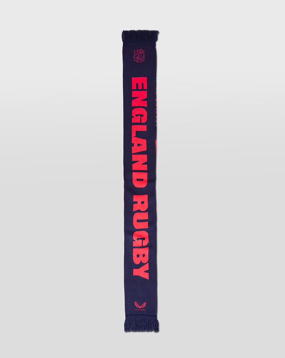 Navy scarf with 'England Rugby' text on a light gray background