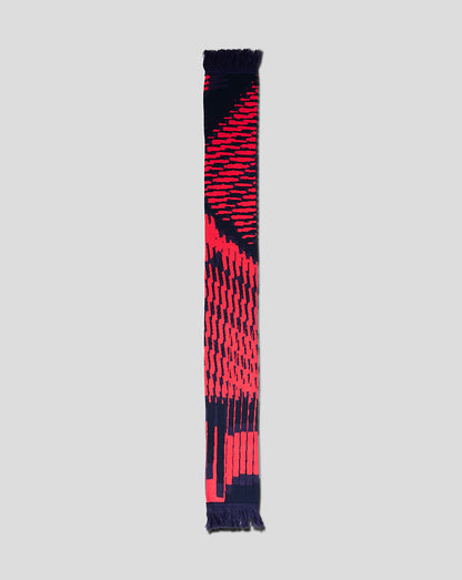 Black and red patterned scarf on a light gray background