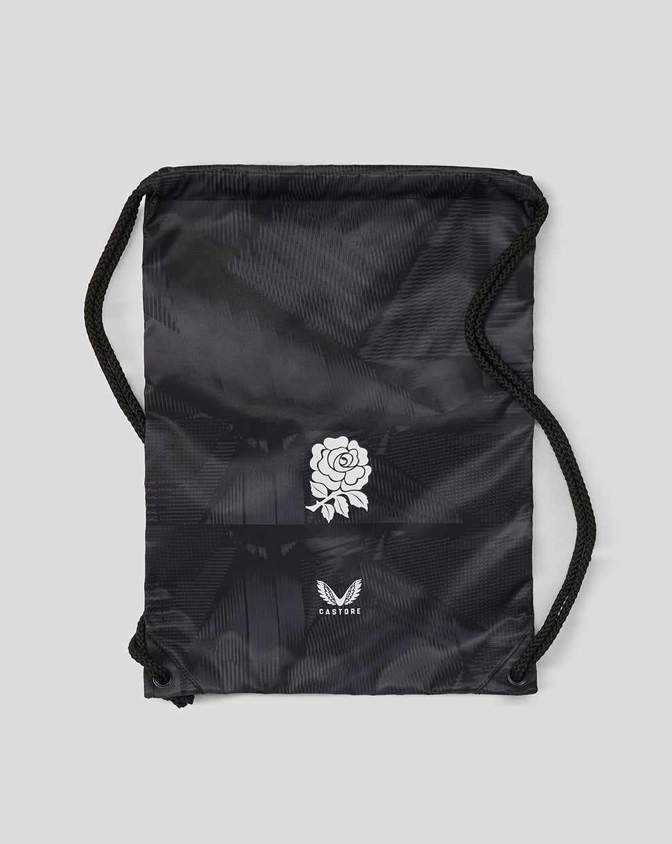 Black drawstring bag with white rose design and brand logo on a light gray background