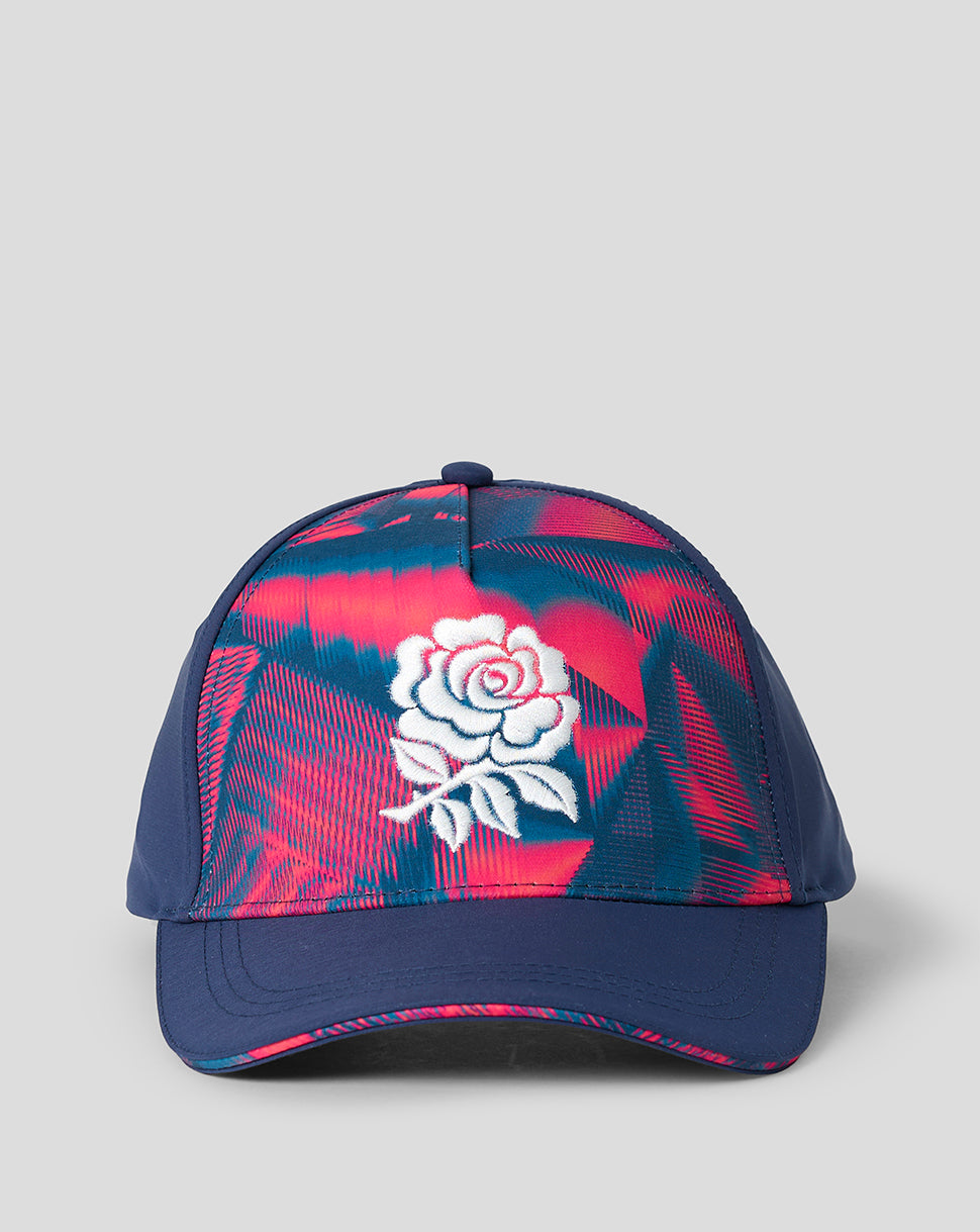 Navy and red cap with a white rose logo on a gray background