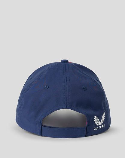 Navy blue cap with a white logo on the back against a light gray background