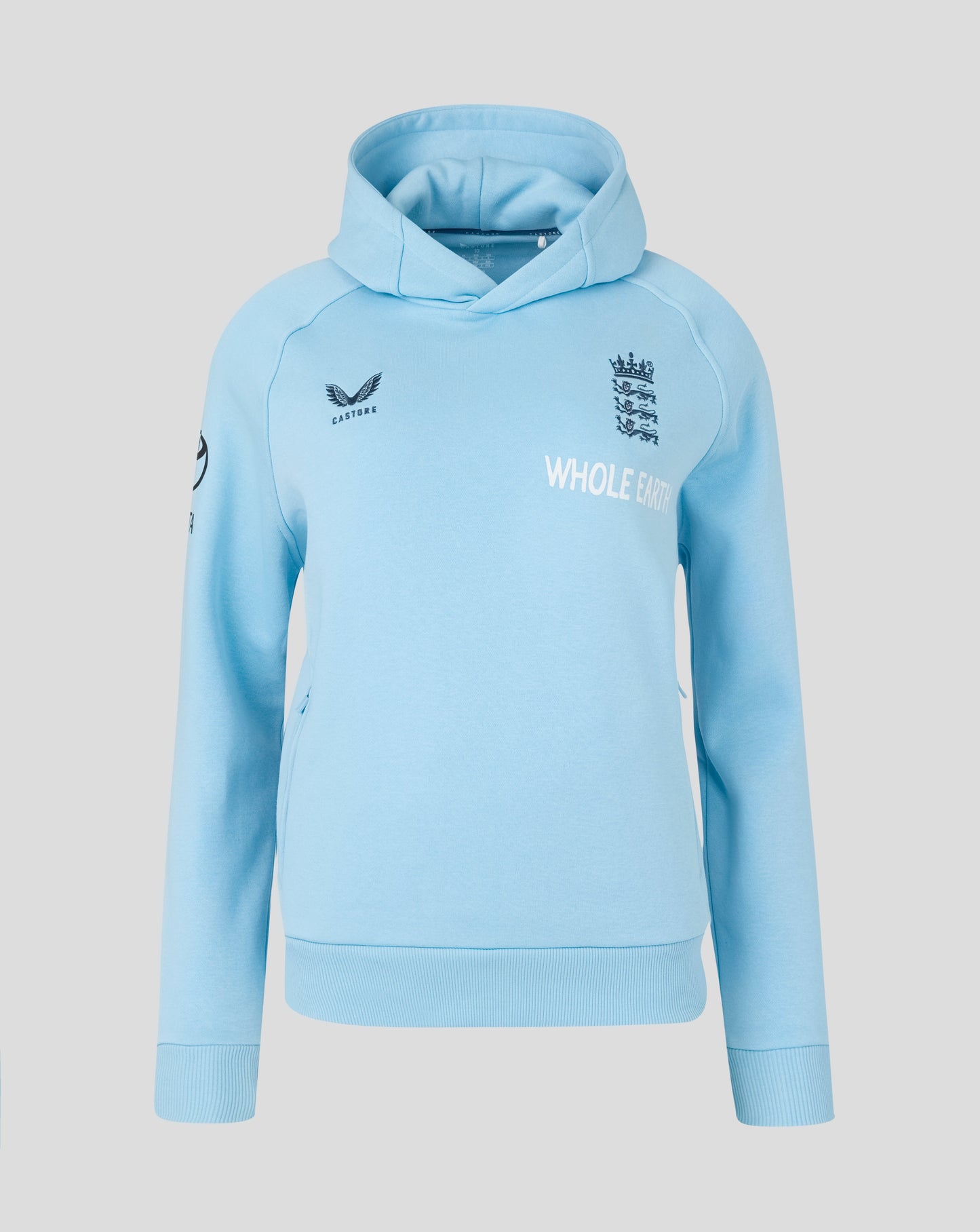 Light blue hoodie with branding on a gray background