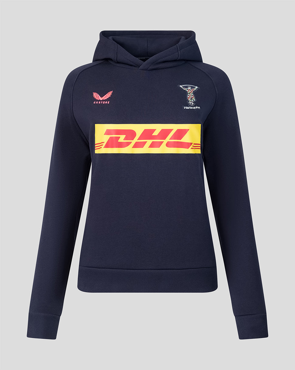 Harlequins women's 2026/27 travel hoodie in navy with crest DHL and Castore branding