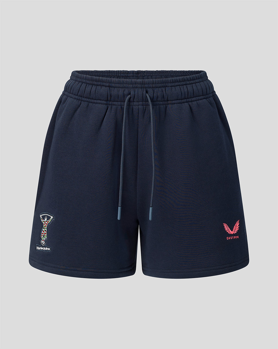 Navy blue shorts with brand logos on a light gray background