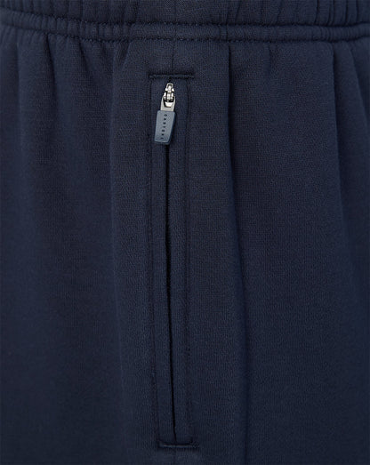 Navy blue sweatpants with a zipper pocket on a plain background