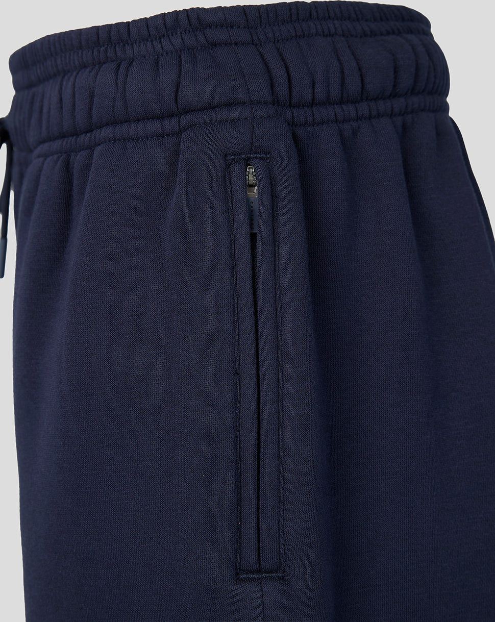 Navy Leicester Tigers travel shorts close up of waistband with zip side pocket
