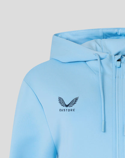 Light blue hoodie with a logo on a gray background