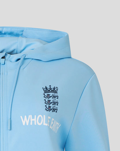 Light blue hoodie with a logo and text on a gray background