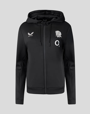 Black hoodie with logos on a light gray background