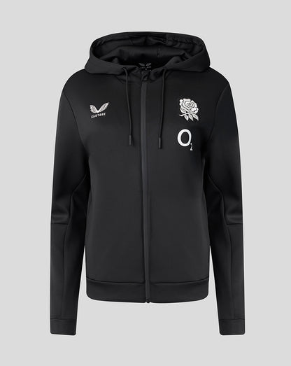 Black hoodie with logos on a light gray background