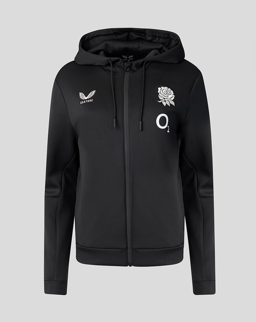 Black hoodie with logos on a light gray background