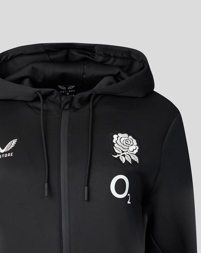 Black hoodie with white logos on a gray background