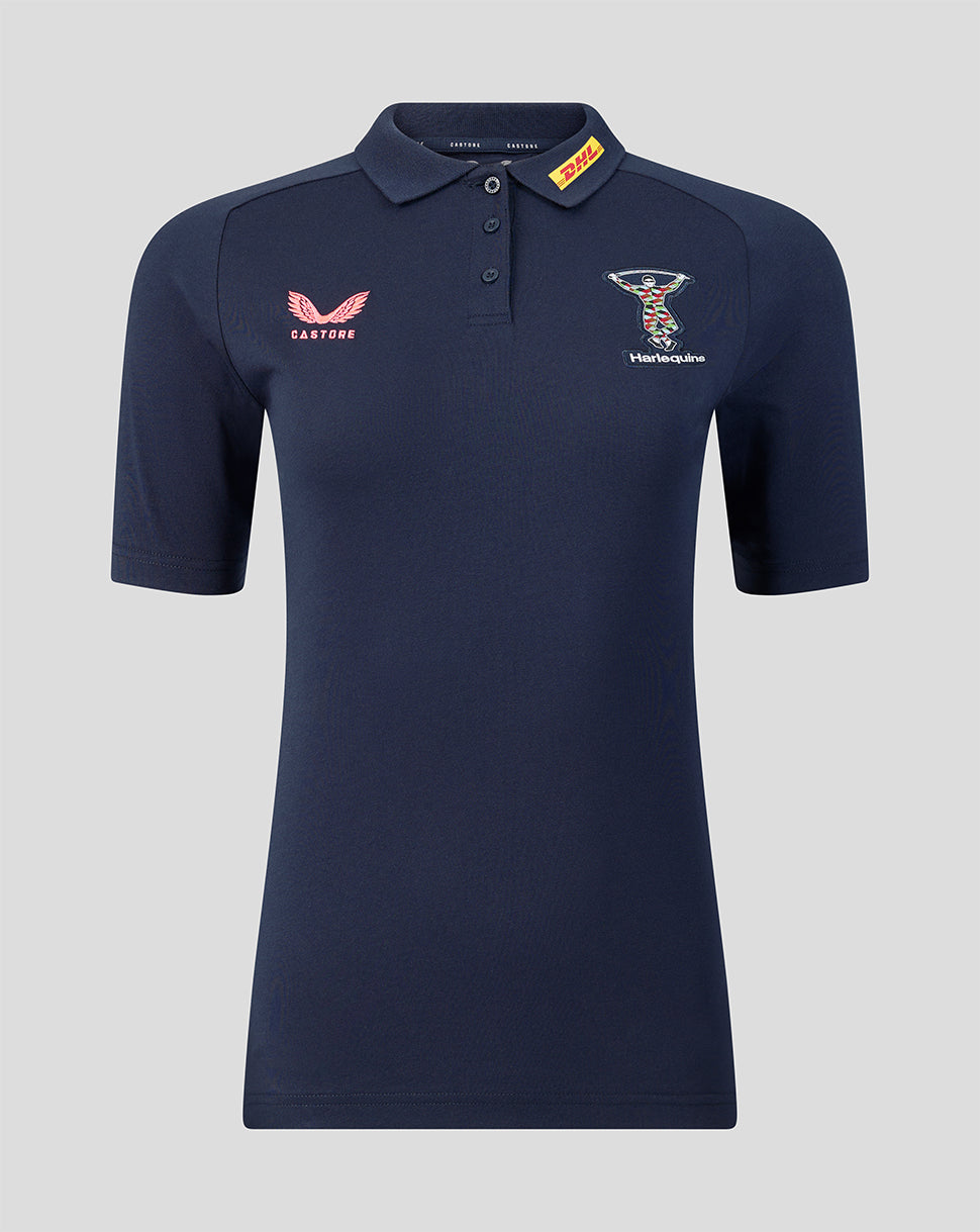 Navy blue polo shirt with brand logos on a light gray background