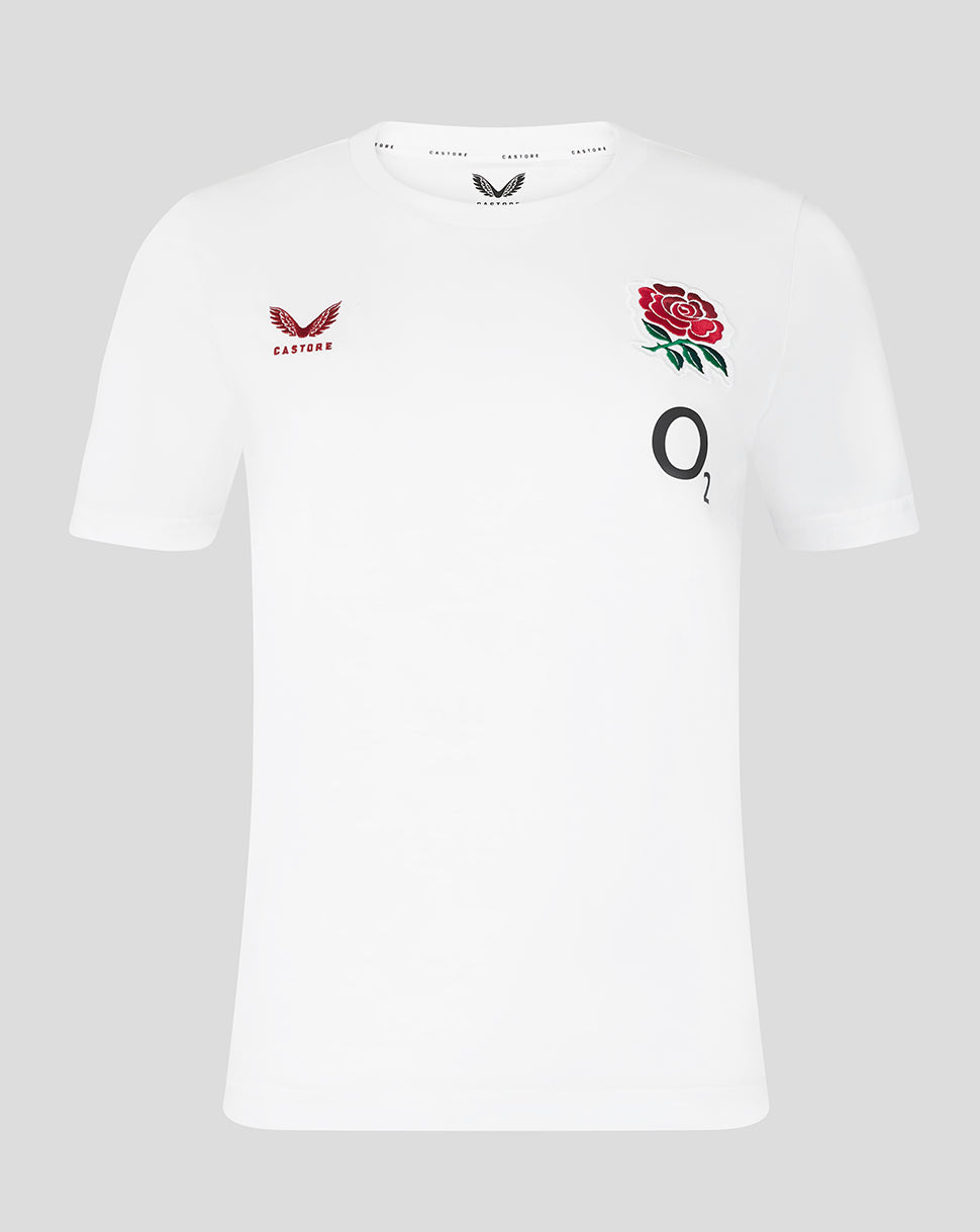 White t-shirt with red rose and logo on a gray background