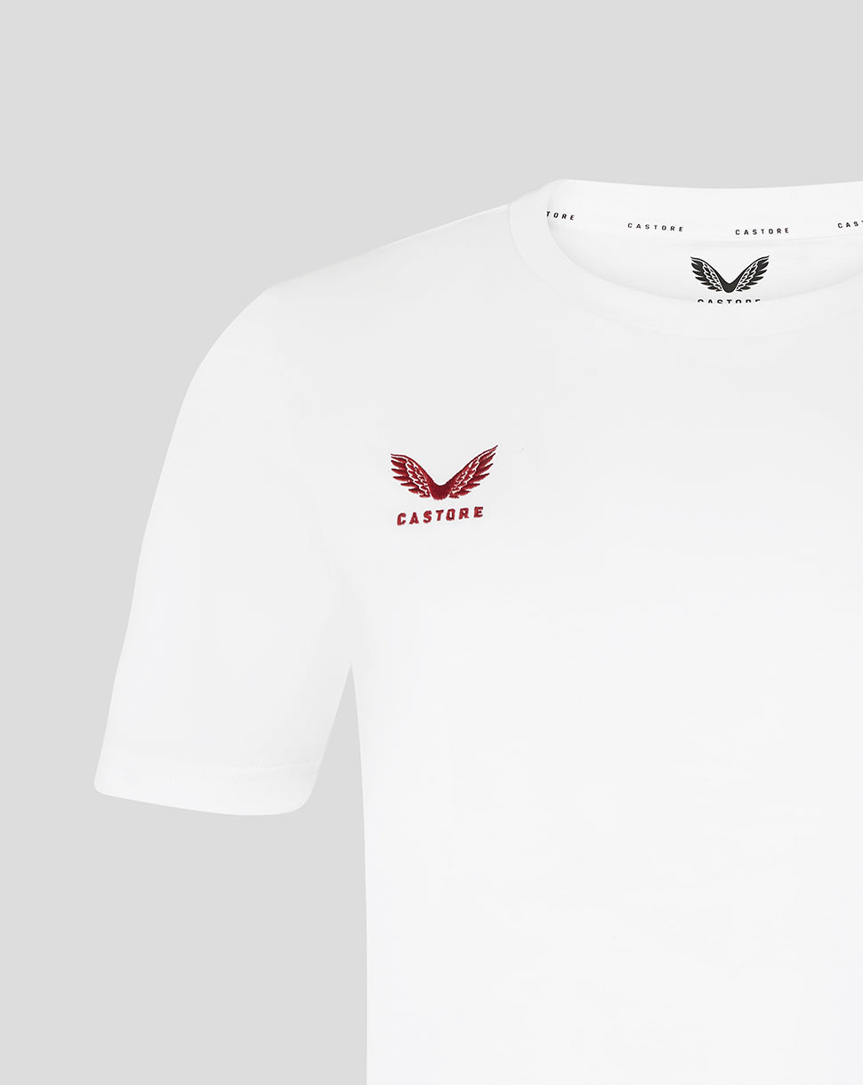 White t-shirt with a red logo on a gray background
