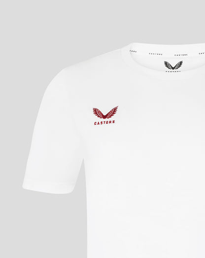 White t-shirt with a red logo on a gray background