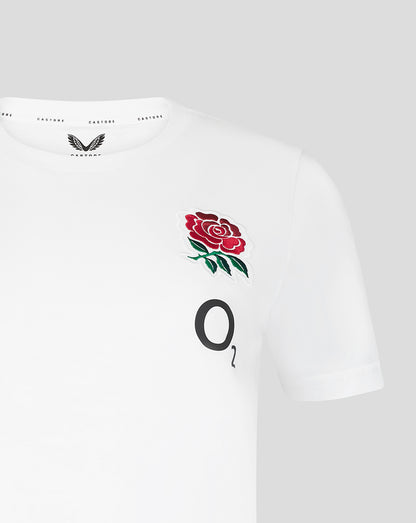 White t-shirt with a red rose and black logo on a white background
