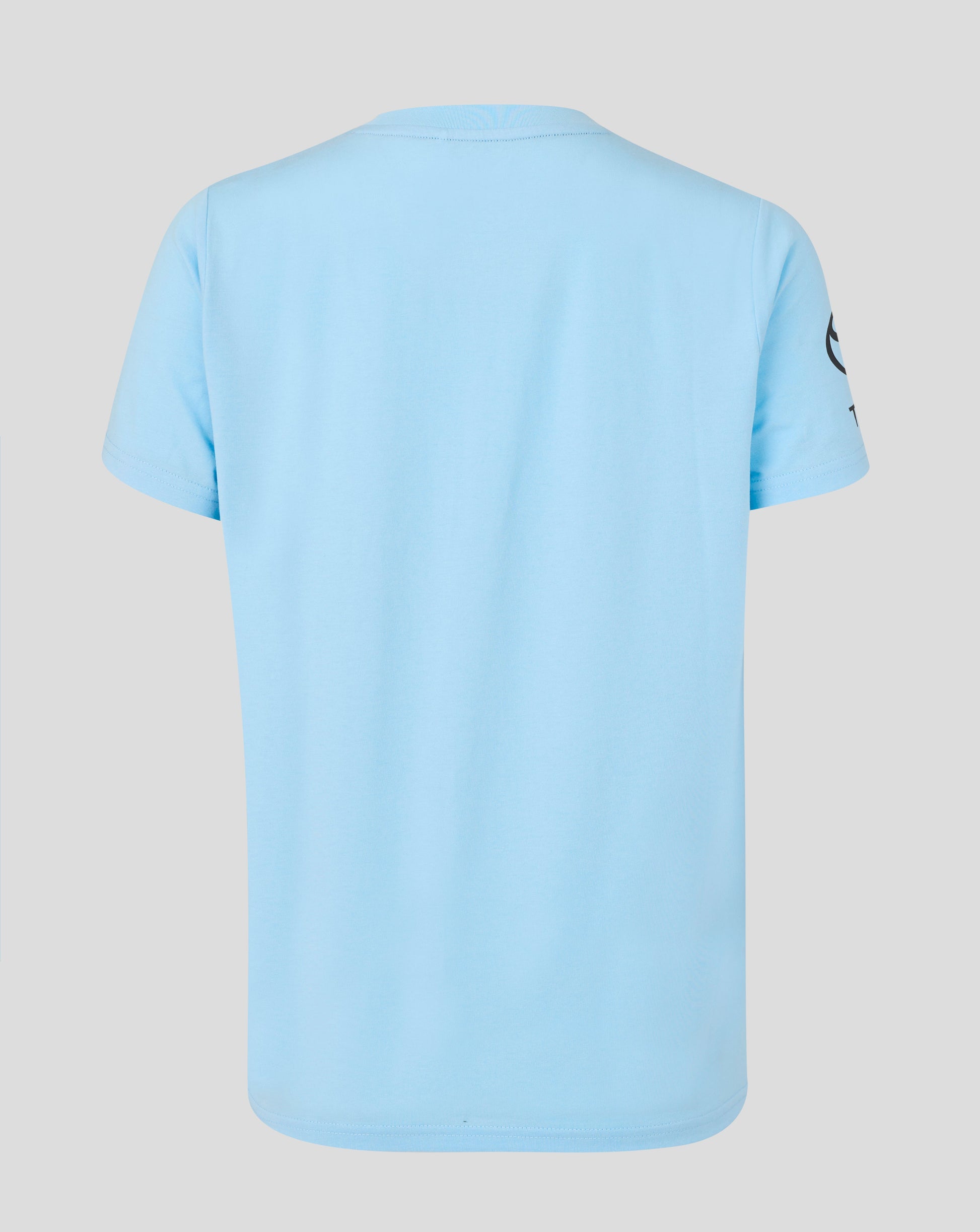 Light blue t-shirt with a logo on the back against a light gray background