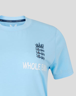 Light blue t-shirt with a logo and text on a gray background