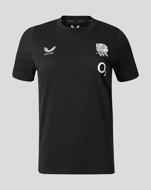 Black t-shirt with logos on a gray background