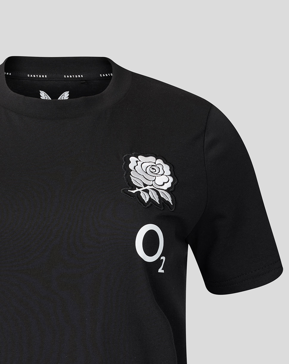Black t-shirt with white rose design and 'O2' logo on a gray background