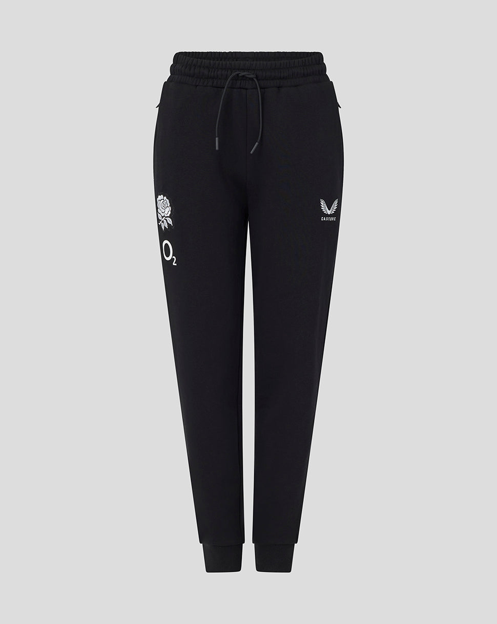 Black jogger pants with logos on a light gray background