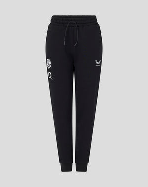Black jogger pants with logos on a light gray background