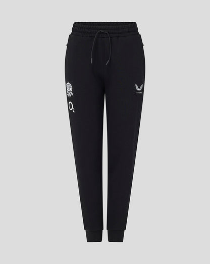 Black jogger pants with logos on a light gray background