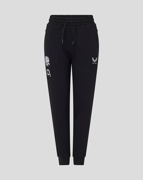 Black jogger pants with logos on a light gray background