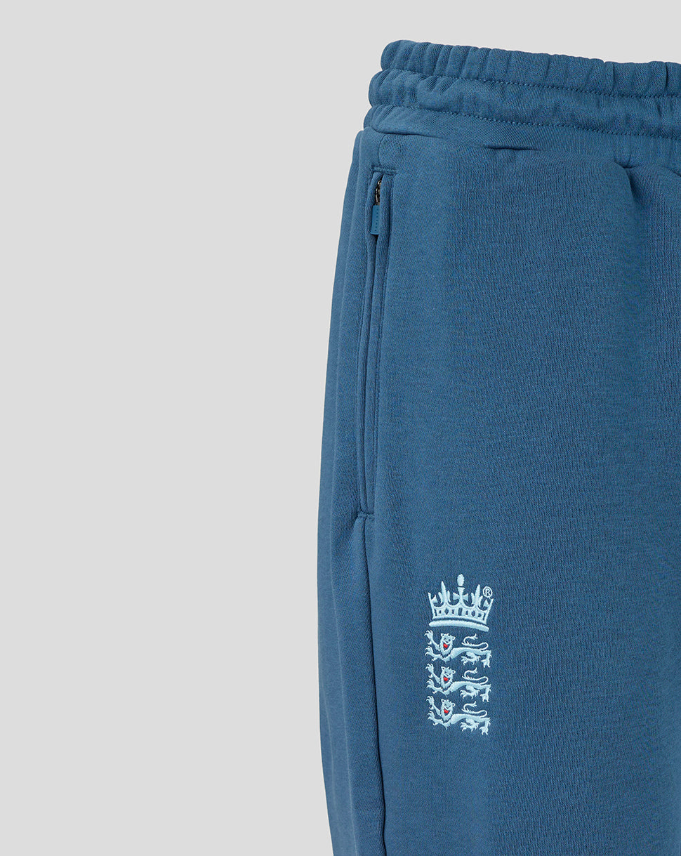 Blue sweatpants with a logo on a light gray background