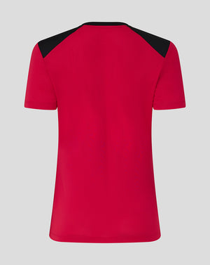 Red t-shirt with black sleeves on a gray background