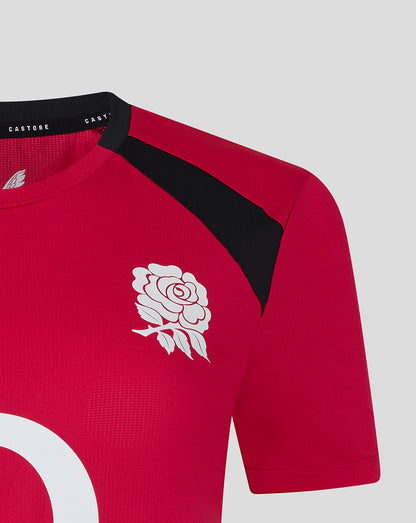 Red sports jersey with a white rose emblem on a gray background