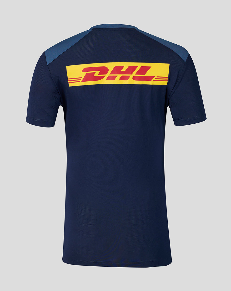 Navy blue t-shirt with DHL logo on the back against a gray background