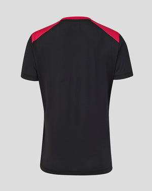 Black t-shirt with red accents on a gray background