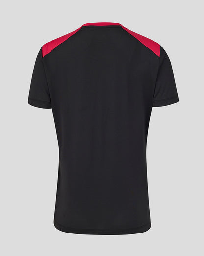 Black t-shirt with red accents on a gray background