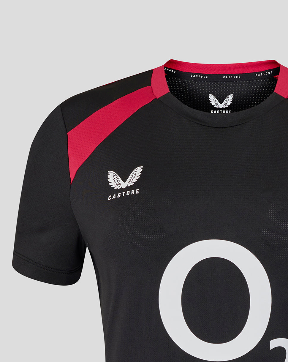 Black sports jersey with red accents and 'Castore' branding on a gray background