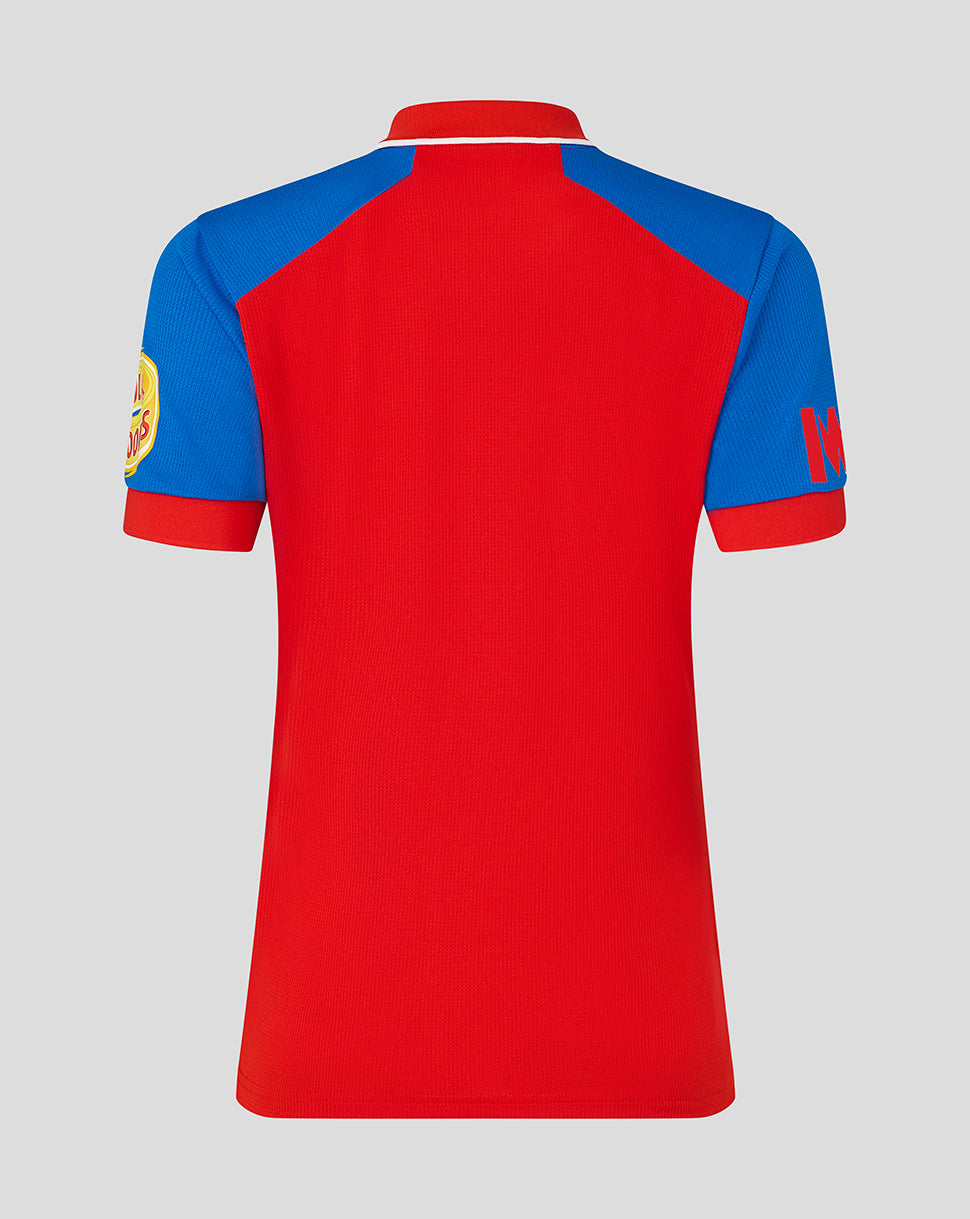 Red and blue polo shirt on a gray background