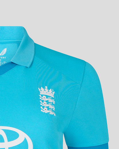 Blue sports jersey with a logo on a light gray background