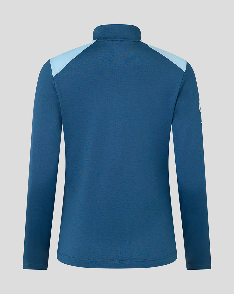 Blue long-sleeve shirt with light blue accents on a gray background