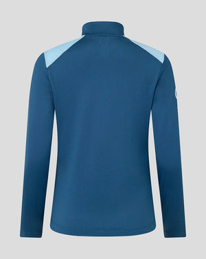 Blue long-sleeve shirt with light blue accents on a gray background