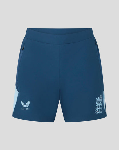 Blue shorts with white branding on a light gray background