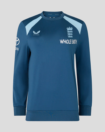 Blue sweatshirt with branding on a gray background